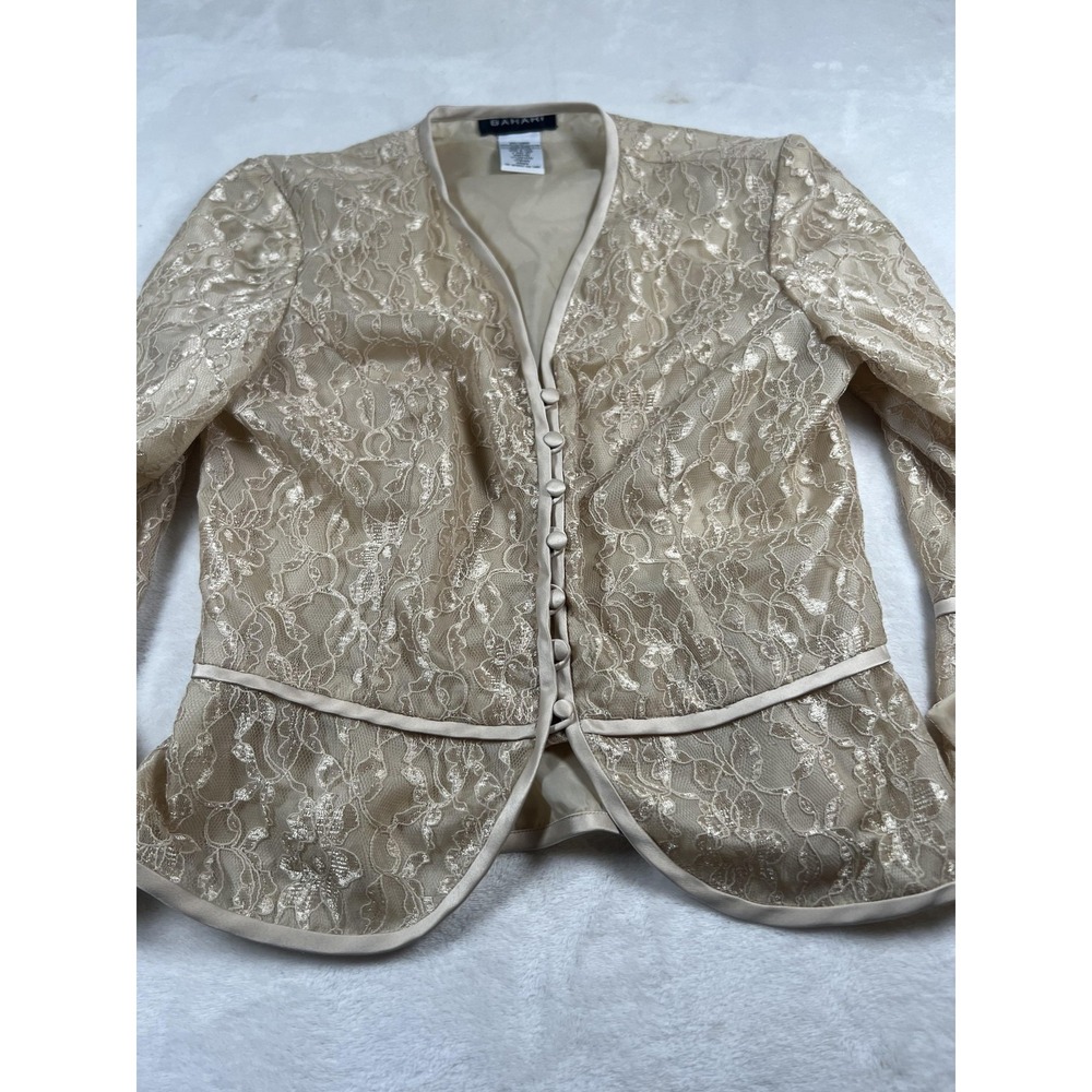 Bahari Jacket Womens‎ 10 Champagne Beige Lace Overlay Satin Peplum Bell Sleeves
